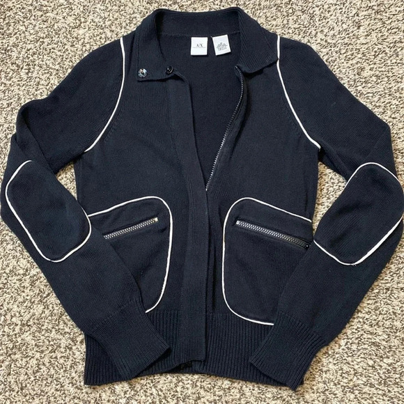 Armani Exchange Zip Up Knit Cárdigan Sweater with White Trim Detailing - Picture 8 of 8
